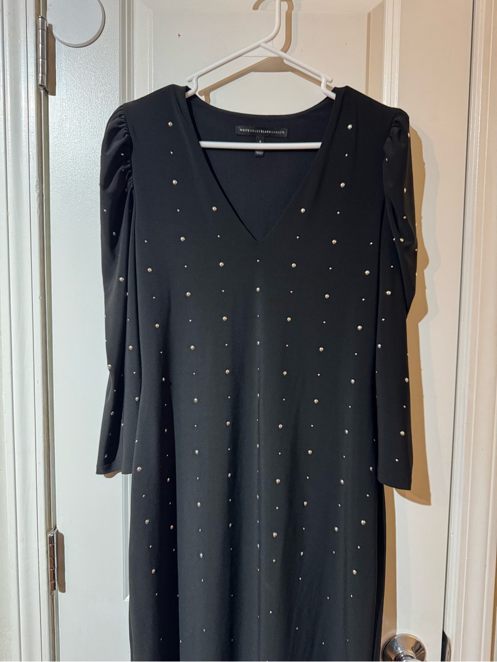 White House Black Market Black V-Neck Studded Long Sleeve Dress